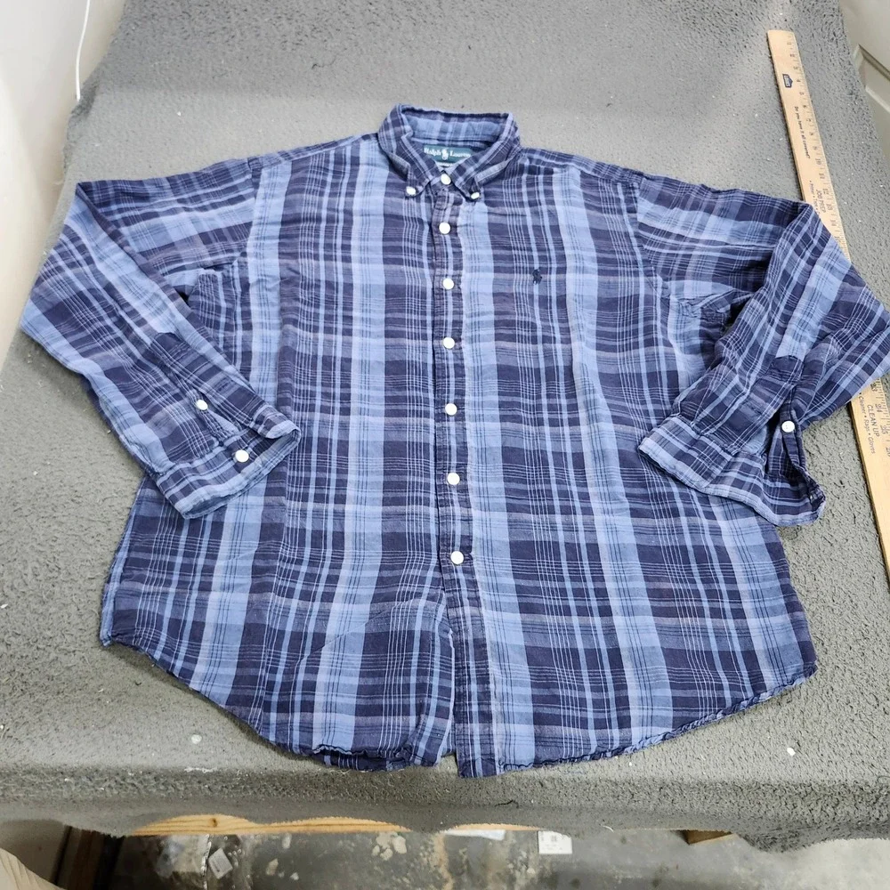 Polo Ralph Lauren Mens XL Custom Fit Blue Plaid Long Sleeve Button Down Shirt